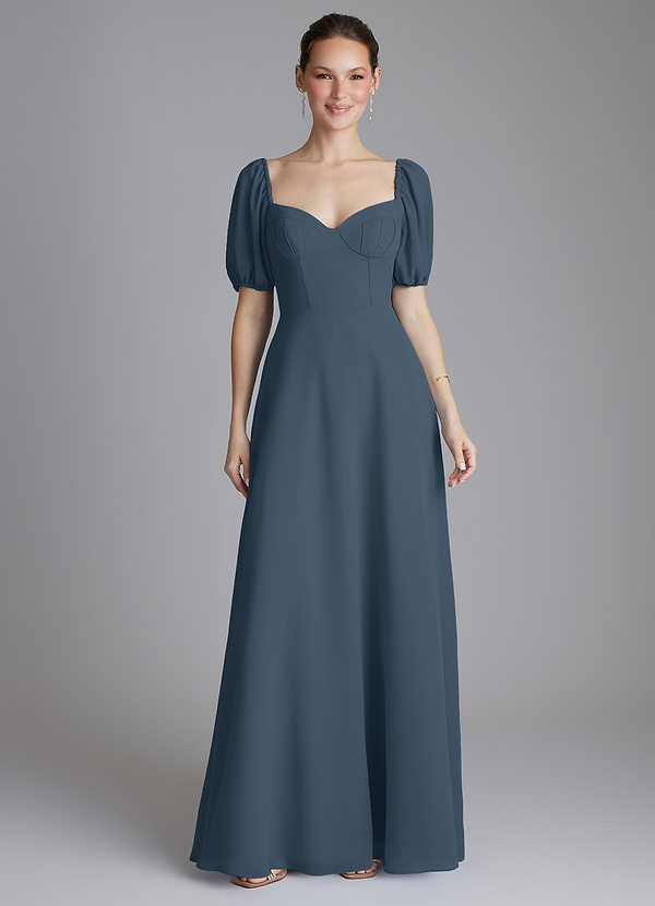 Azazie Fatima 신부 들러리 드레스 A라인 포켓이 있는 쉬폰 바닥 길이 드레스 image1