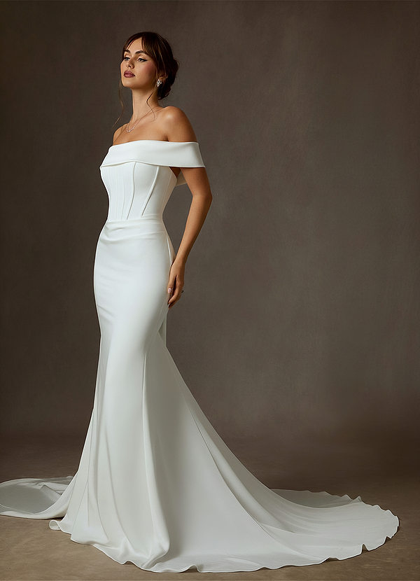 Azazie Grace Wedding Dresses Diamond White Mermaid Off the Shoulder Crepe Back Satin Dress image1