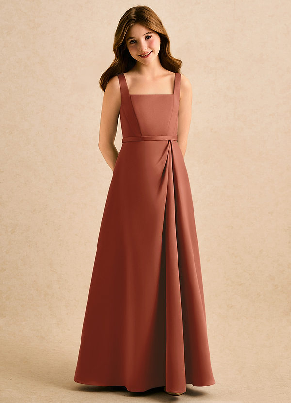 Azazie Emiko Girls Formal Abiti da Damigella Bambina Abito A-Line in Raso Opaco Plissettato Auburn image1