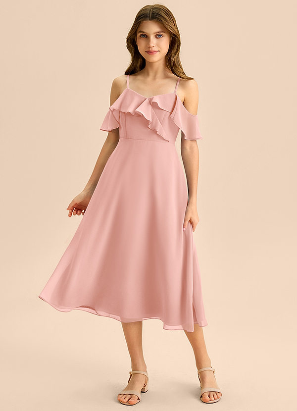 Azazie Kamilla Junior Abito A-Line in Chiffon a Spalla Scoperta Rosetta image1