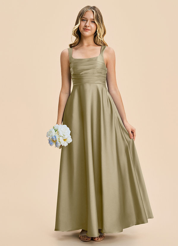 Azazie Azaria Junior A-Linie Plissee Stretch-Satin Kleid Moosgrün image1