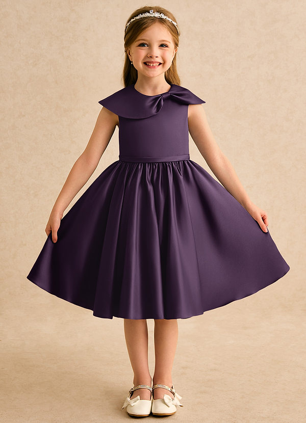 Azazie Acorn Flower Girl Dresses Plum A-Line Pleated Matte Satin Dress image1