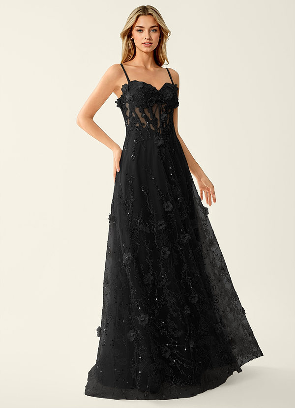 Thaliagici Czarny Suknia balowa z 3D-kwiatowymi koralikami i siateczką z cekinami image1