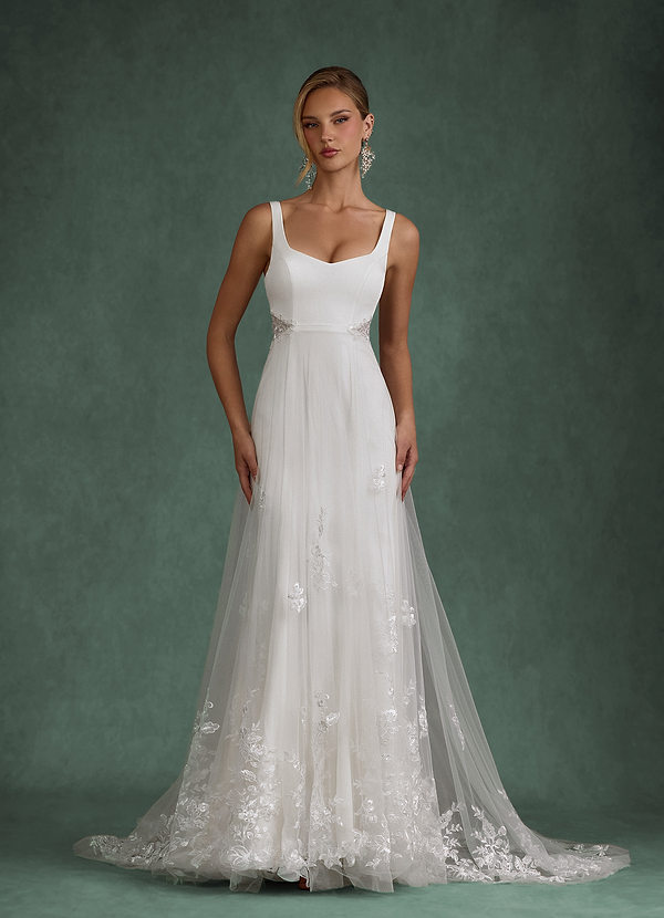Azazie Ebony Vestidos de novia Vestido Diamante Blanco de Satén con cara trasera de crepé de Línea A con Lentejuelas image1