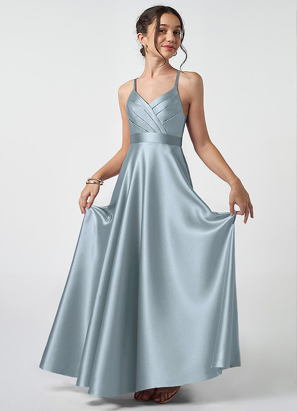 Azazie Avelina Junior Robe Trapèze en Satiné métallisé Plissée Bleu Poussiéreux image1