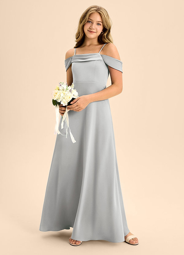 Azazie Anselie Junior Vestido de Plata de Satén Elástico de Corte En A con Vestidos sin tirantes image1