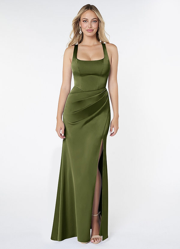 Azazie Mero Bridesmaid Dresses Vestir Oliva de Cetim elástico de Bainha com Plissado image1