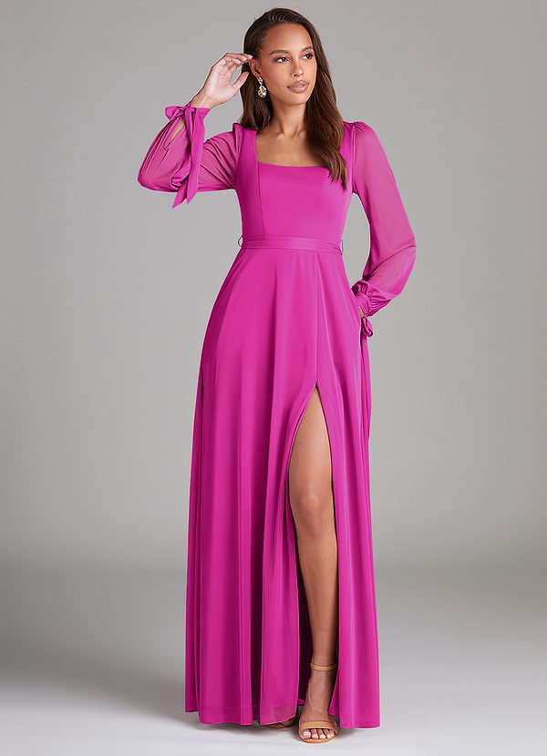 Azazie Leonia Bridesmaid Dresses Fuchsia A-Line Long Sleeve Mesh Dress image1