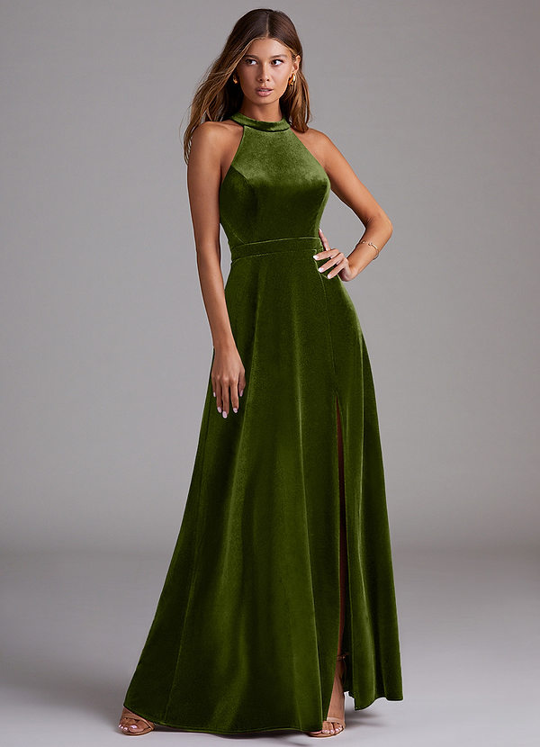 Azazie Clarice Bridesmaid Dresses Olive A-Line Side Slit Velvet Dress image1