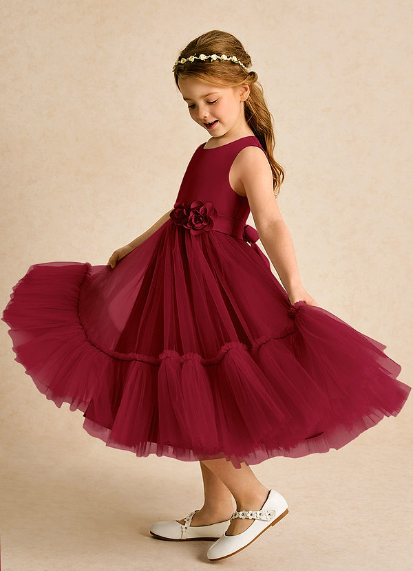 Azazie Miracle Flower Girl Dresses Burgundy A-Line Bow Matte Satin Dress image1