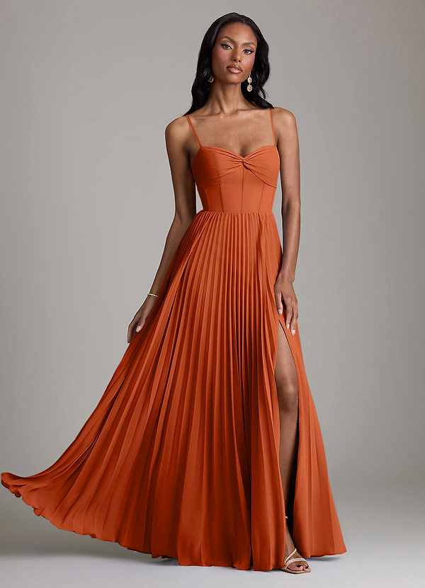 Azazie Akiko Vestidos de dama de honor Vestido Naranja Quemada de Gasa de Línea A con Escote corazón image1