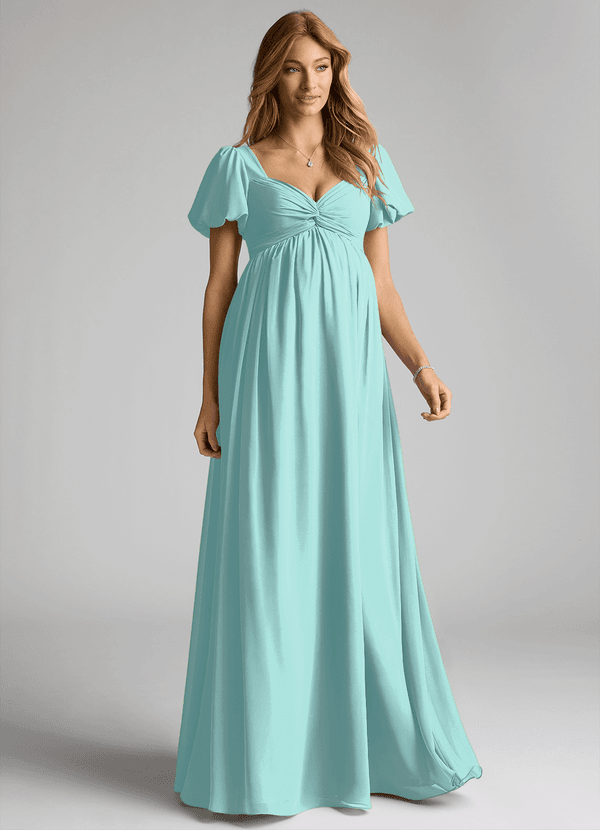 Azazie Madisynn Brautjungfernkleider für Schwangere Schleifen Chiffon Bodenlänge Kleid image1