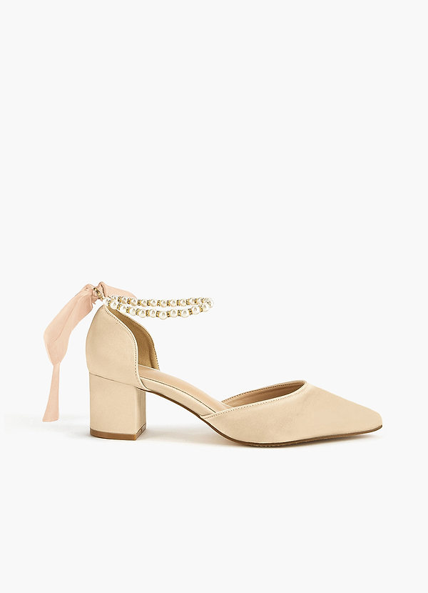 front Satin Pearl and Bow Pointed Toe Block Heels