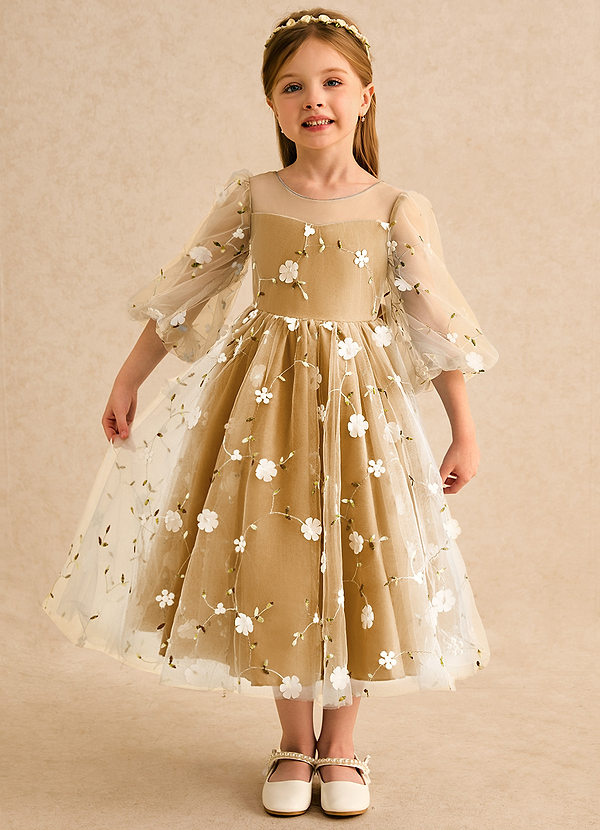 Azazie Elowen Flower Girl Dresses Butterscotch A-Line Sweetheart Neckline Lace Dress image1