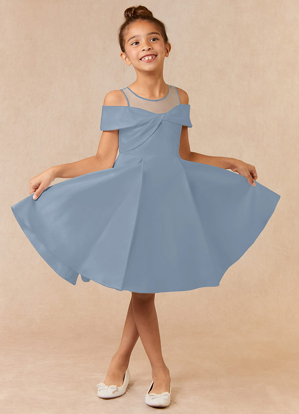 Azazie Shirin Flower Girl Dresses Dusty Blue A-Line Off the Shoulder Matte Satin Dress image1