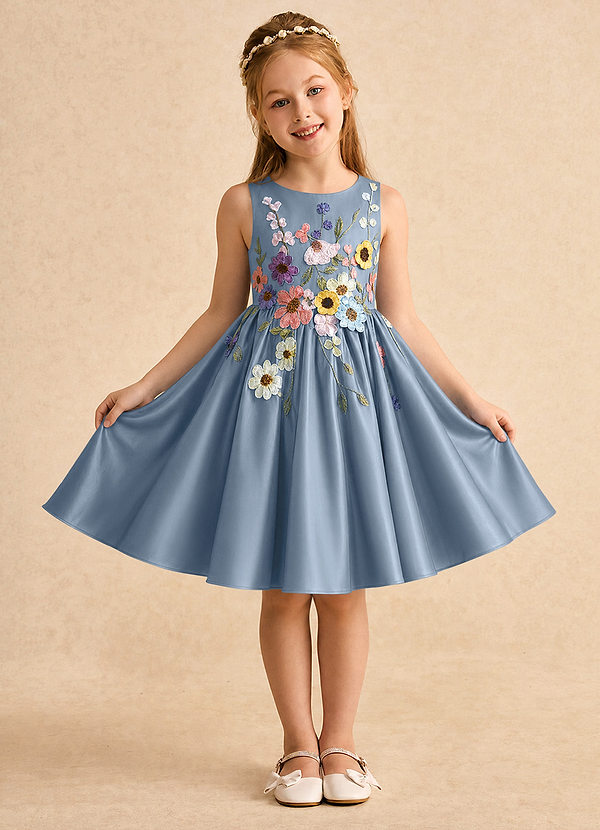 Azazie Prima Flower Girl Dresses Dusty Blue A-Line Bow Matte Satin Dress image1
