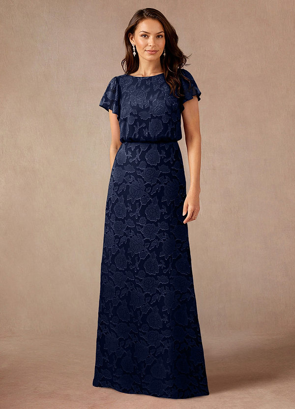 Azazie Lehi Mother of the Brides Dresses Dark Navy A-Line Boatneck Floral Burnout Dress image1
