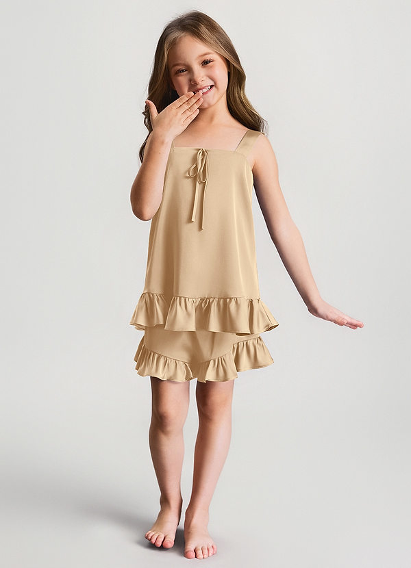 front Champagne Flickor Pyjamas Set med Volangtopp och Shorts i Satin