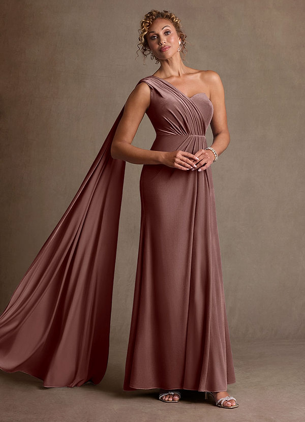 Azazie Aphra Mother of the Brides Dresses Espresso Sheath One Shoulder Velvet Dress image1