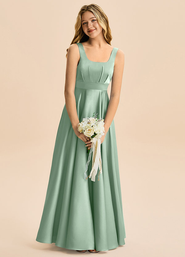 Azazie Gabby Junior Jurk van Stretch Satijn met A-Lijn Geplooid Agave image1