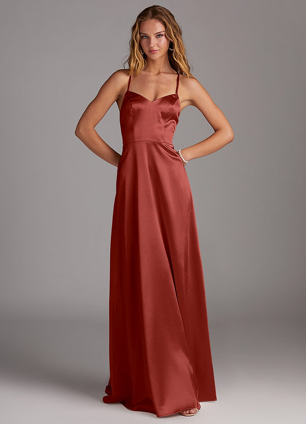 Azazie Mei Bridesmaid Dresses Abito A-Line in Raso Metallizzato Terracotta image1