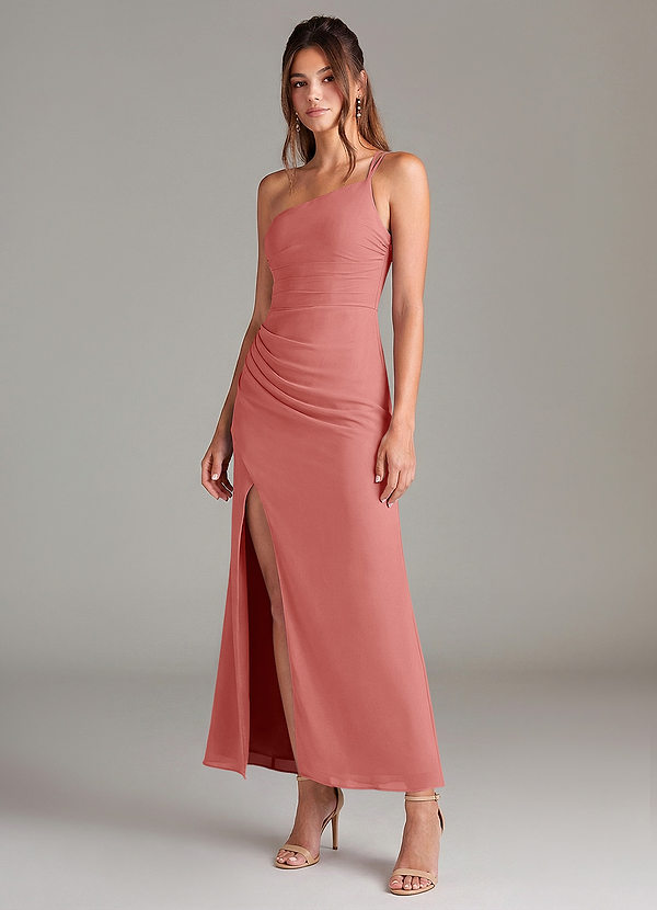 Azazie Eren 신부 들러리 드레스 인어 한쪽 어깨 쉬폰 발목 길이 드레스 image1