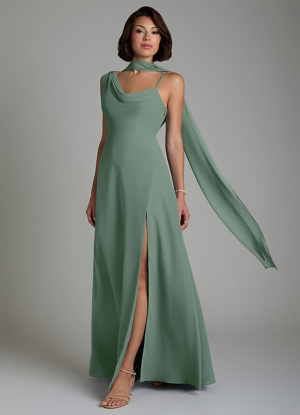 Azazie True Vestidos de dama de honor Vestido Eucalipto de Gasa de Línea A con Plisado image1