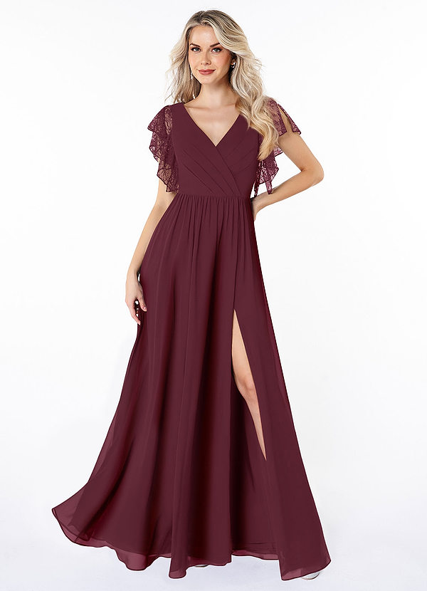 Azazie Zella Brautjungfernkleider A-Linie Spitze Chiffon Kleid Cabernetrot image1