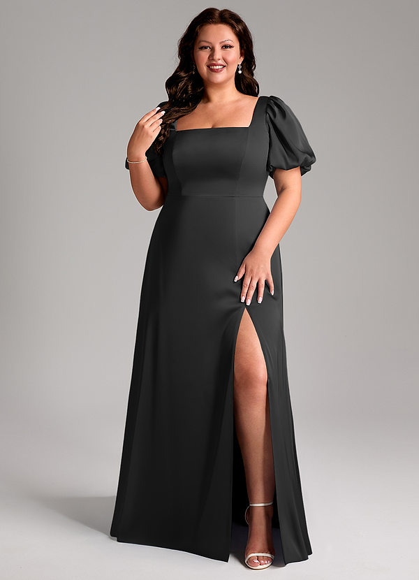 Azazie Fyona Bridesmaid Dresses Black A-Line Pleated Stretch Satin Dress image1