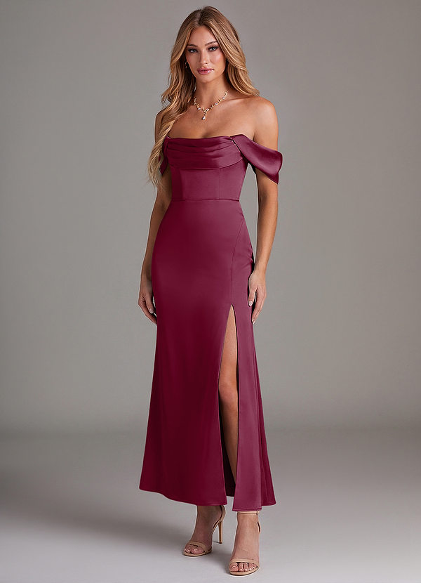 Azazie Saige 신부 들러리 드레스 인어 오프 더 숄더 스트레치 새틴 발목 길이 드레스 image1