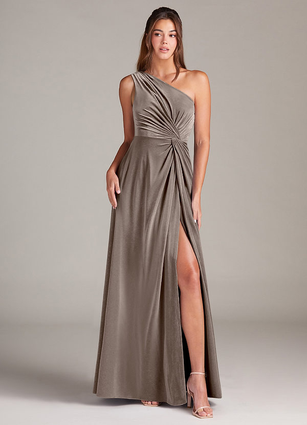 Azazie Brooke Robes Demoiselle d'honneur Robe Trapèze en velours Ue épaule Taupe Argenté image1