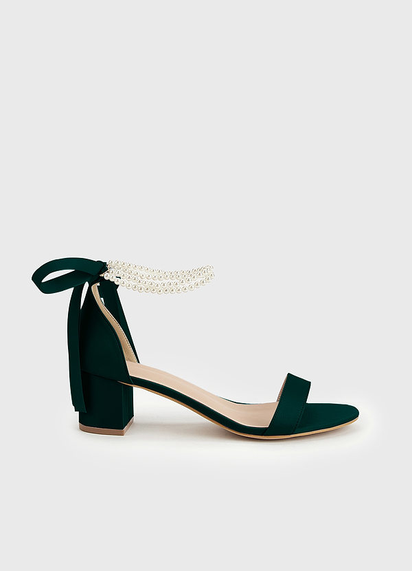 front Matching Color Matte Satin Pearl and Bow Open Toe Chunky Heel Sandals