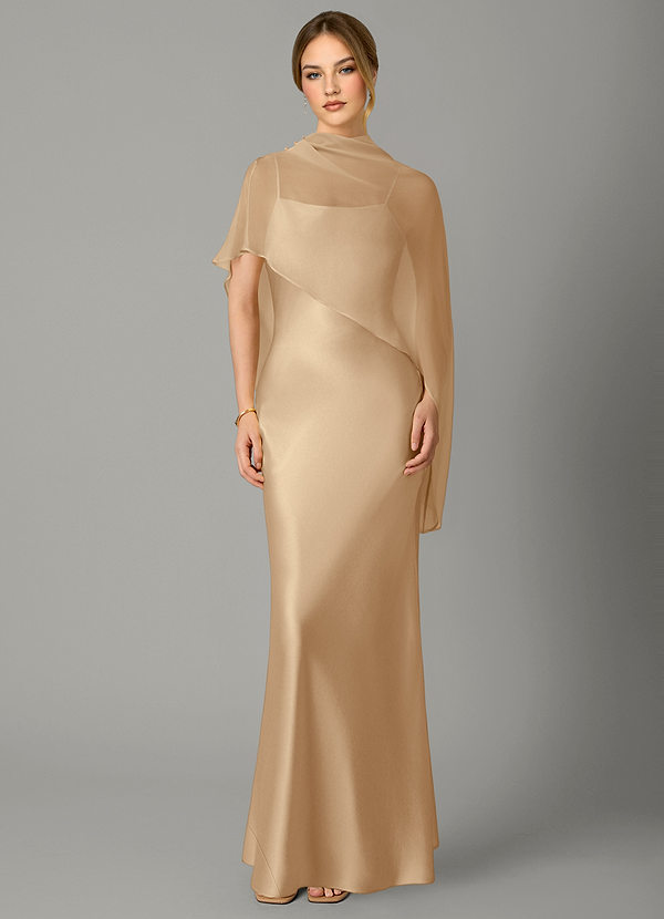Azazie Jaleesa Bridesmaid Dresses Champagne Sheath High Neck Stretch Satin Dress image1