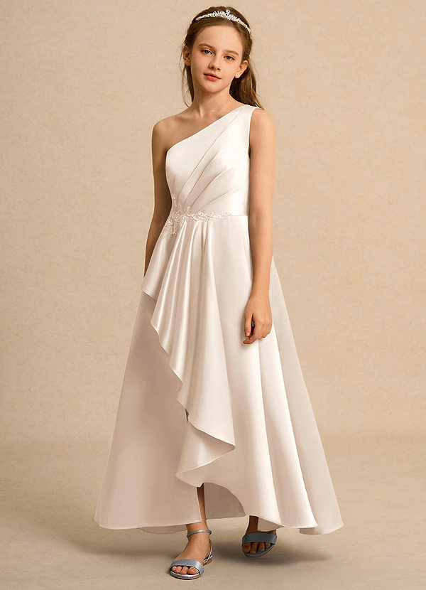 Azazie Taffy Girls Formal Abiti da Ragazza di Fiori Abito A-Line in Raso Opaco Pizzo Alabastro Bianco image1