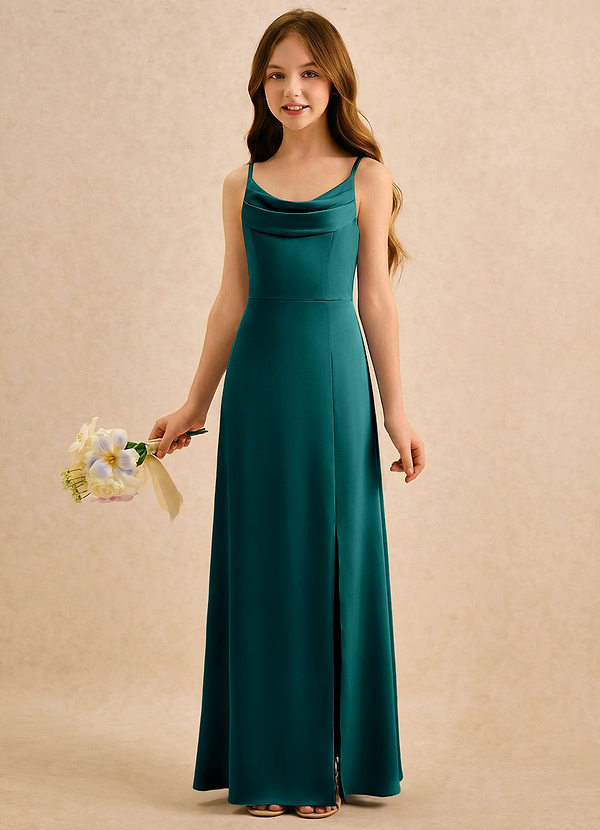 Azazie Shira Girls Formal Flower Girl Dresses Peacock A-Line Pleated Stretch Satin Dress image1