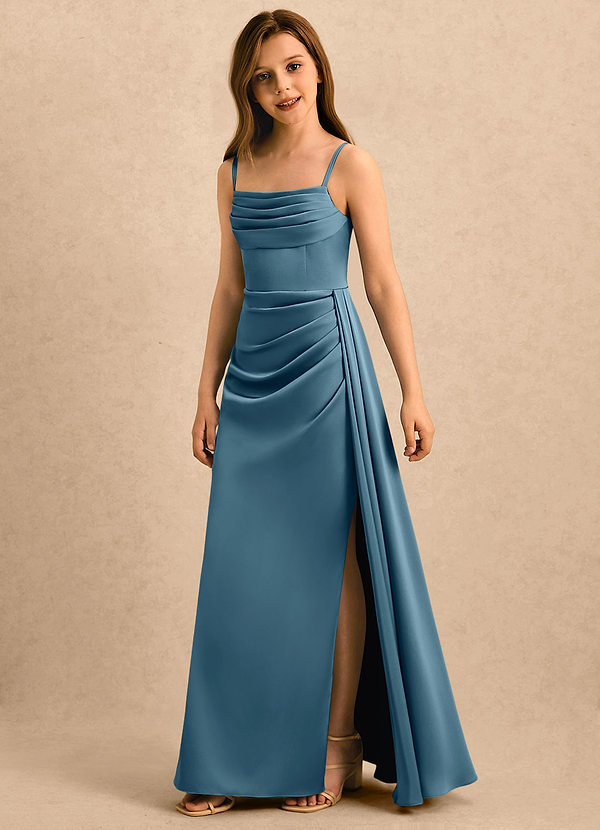 Azazie Shyla Girls Formal Sukienki dla dziewczynek sypiących kwiaty Osłona Pofałdowany Satyna elastyczna Długość podłogi Sukienka image1