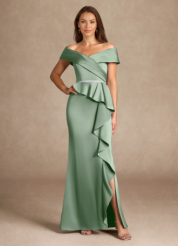 Azazie Dareia Mother of the Brides Dresses Matcha Mermaid Off the Shoulder Stretch Satin Dress image1