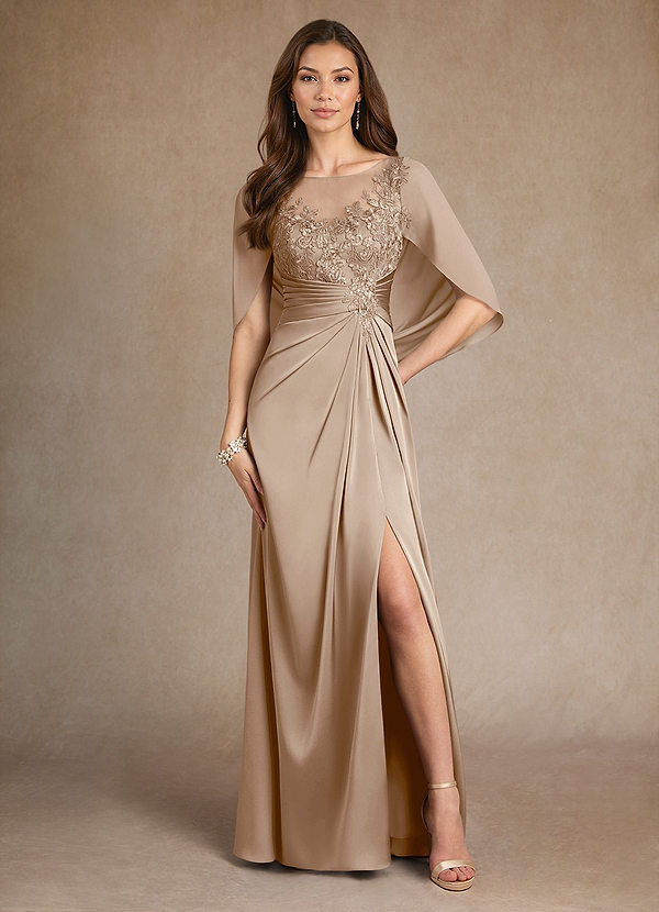 Azazie Hera Mother of the Brides Dresses Taupe A-Line Lace Stretch Satin Dress image1