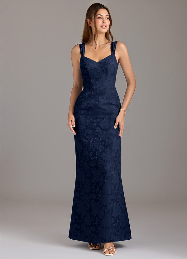 Azazie Denice Bridesmaid Dresses Dark Navy A-Line Pleated Floral Burnout Dress image1