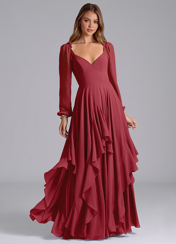 Azazie Karan Bridesmaid Dresses Pomegranate A-Line Long Sleeve Chiffon Dress image1