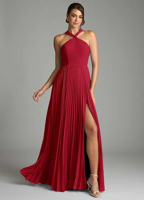 Azazie Afra Abiti da Damigella Abito A-Line in Chiffon Plissettato Scarlatto image1