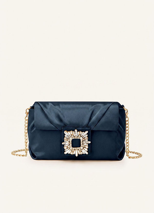 front Matching Color Stretch Satin Rhinestone Square Buckle Clutch
