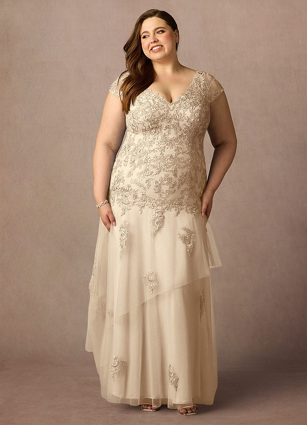 Azazie Romy Mother of the Brides Dresses Champagne Mermaid V-Neck Sequins Tulle Dress image1