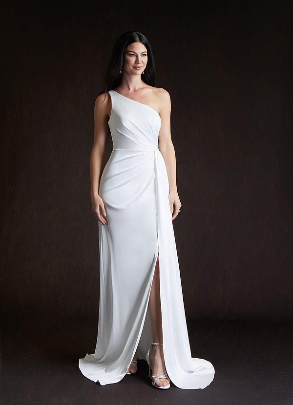 Azazie Tipton Wedding Dresses Sheath One Shoulder Crepe back satin Floor-Length Dress image1