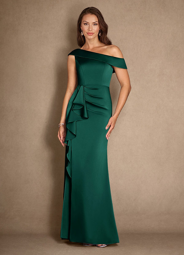Azazie Hamptons Mother of the Brides Dresses Emerald A-Line Pleated Stretch Satin Dress image1