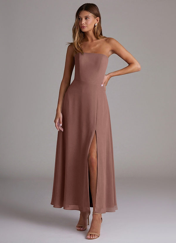Azazie Wren Bridesmaid Dresses Vestido Café Expresso de Chiffon de Linha A com Sem alças image1