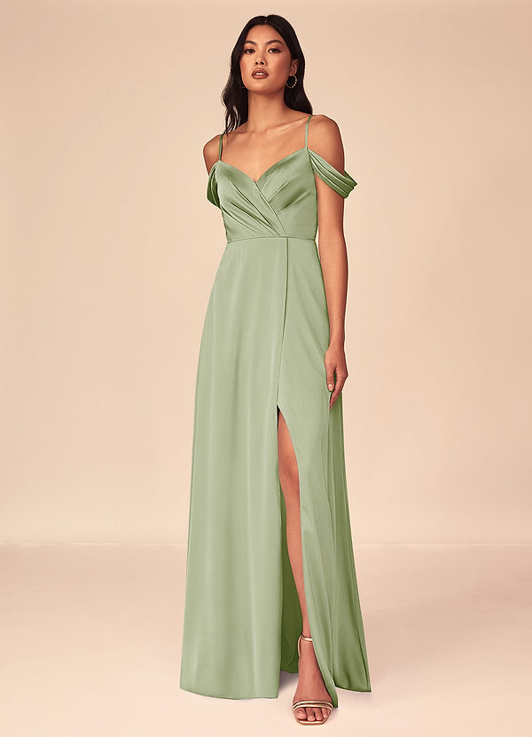 Azazie Ocean Robes Demoiselle d'honneur Robe Trapèze en Satin extensible Col V plissé Vert Sauge image1