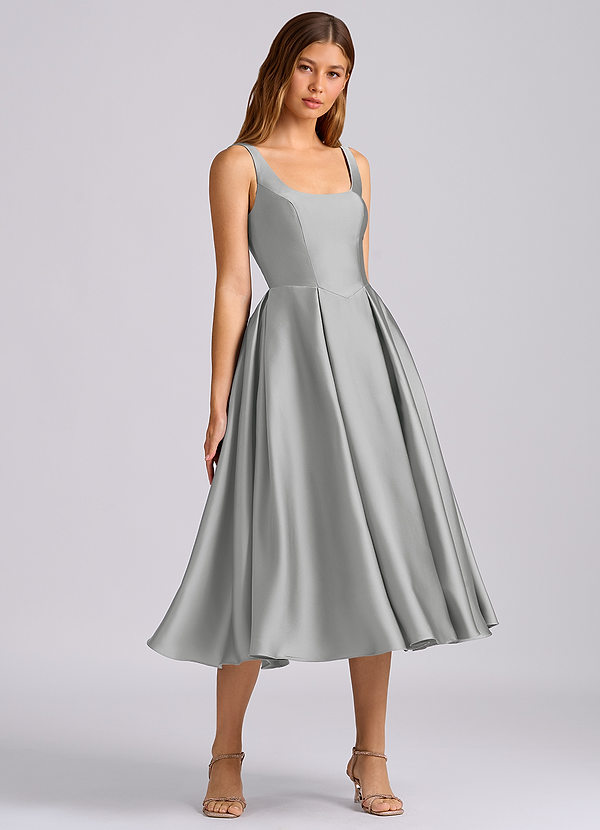 Azazie Amalie 신부 들러리 드레스 A라인 주름진 스트레치 새틴 티 길이 드레스 image1