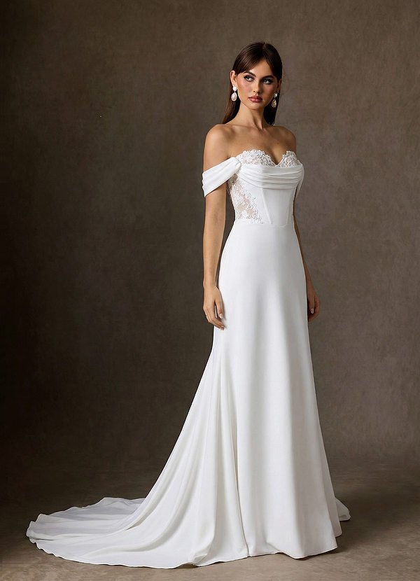 Azazie Ganelle Bröllopsklänningar Klä av A-Linje i Crepe baksida satin Älskling Halsringning Diamant Vit Champagne image1