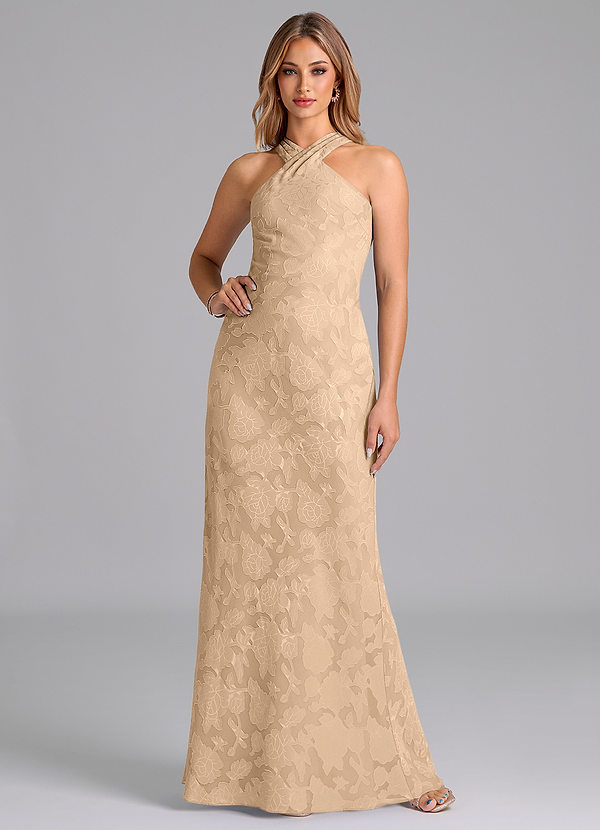 Azazie Doretta Bridesmaid Dresses Champagne Mermaid Pleated Floral Burnout Dress image1
